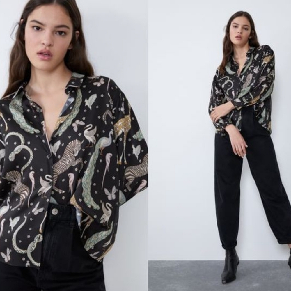 Zara EUC Black Animal Print Blouse Sz L